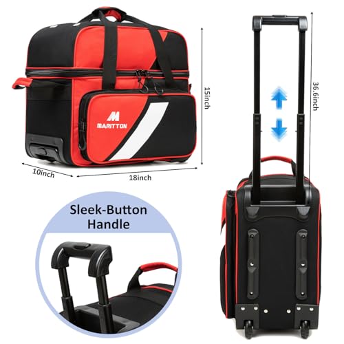 Bowling Bag with Wheels Double Roller 2 Ball Bowling Separate Shoe Compartment and Oversized Accessory Pocket, 36.6" Extendable Handle. - color: RED