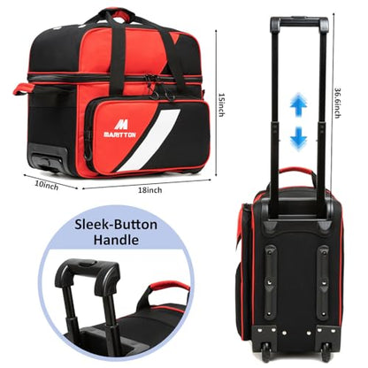 Bowling Bag with Wheels Double Roller 2 Ball Bowling Separate Shoe Compartment and Oversized Accessory Pocket, 36.6" Extendable Handle. - color: RED