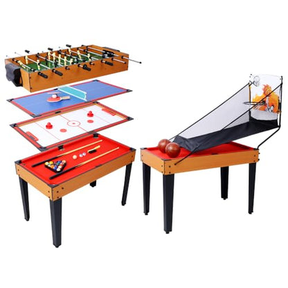 5-in-1 Multi-Game Table - Billiards, Push Hockey, Foosball, Ping Pong, and Basketball Black/Blue - color: Brown + Red Tablecloth