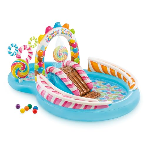 INTEX Candy Zone Inflatable Kiddie Pool: Inflatable Kids Pool with Water Sprayer and Slide – Splash Pad – 116" x 75" x 51" – Ages 3+ - color: Multicolor, size: 116" x 75" x 51"