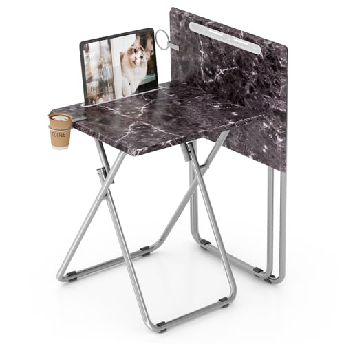 Folding TV Tray Table with Cup Holder, TV Dinner Table with Sturdy MDF Top, Eating Trays with Tablet Slot for Living Room, Bedroom, Sofa, 15 x 18.9 x 25.6 in (Black Marble, 2Pcs) - color: Black Marble, size: 2PCS