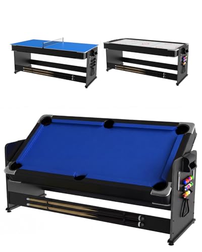 Rotating 3-in-1 Game Table 7FT - Convertible Air Hockey, Pool & Table Tennis with Built-in Storage Rack, Easy Flip Top for Game Room