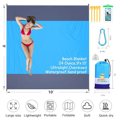 BYDOLL Beach Blanket Waterproof Sandproof Large Sand Free,78''X81''/10'X9' Oversized Sandless Lightweight Blanket Picnic Mat for Beach Travel Camping Hiking with Stakes - color: Blue Grey, size: 10'X9'