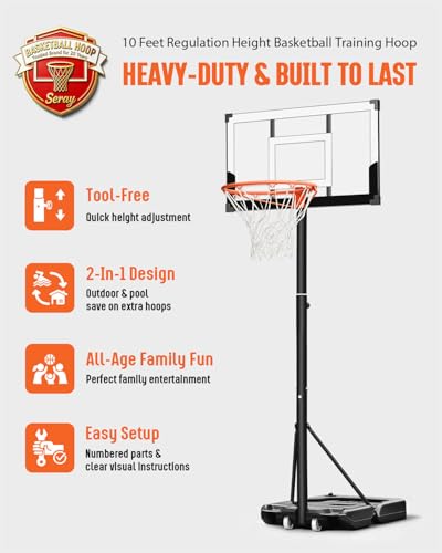 Seray Family Basketball Hoop Outdoor 3.3-10ft Adjustable, Safety Portable Basketball Hoop for Kids/Adults/Family in Poolside/Backyard/Indoor/Court, 40 in Shatterproof Backboard and Enlarged Base