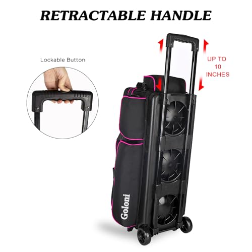 Goloni 3 Ball Bowling Bags with Wheels - Rolling Bowling Bag for 3 Balls & Accessories - Retractable Handle Extends to 38 - color: pink