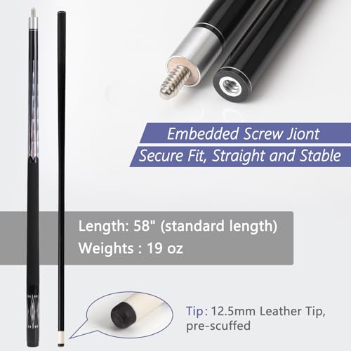 Glass Fiber Pool Cue Stick with Case Combo Set, 12.5mm Professional Pool Stick 58" Low Deflection Billiards Cue Stick 19 Oz Pool Cue Set for Men Adults Players - color: Black1
