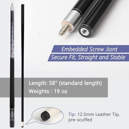 Glass Fiber Pool Cue Stick with Case Combo Set, 12.5mm Professional Pool Stick 58" Low Deflection Billiards Cue Stick 19 Oz Pool Cue Set for Men Adults Players - color: Black1
