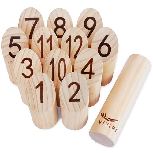 Vivere Viking Throw Tournament Edition, Outdoor Bowling Game Set for Kids & Adults with 12 Pins, Baton & Carry Bag for Backyard, Beach & Lawn Play
