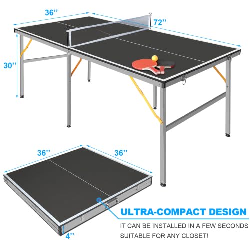 4/6/8/9 ft Professional Table Tennis Table Ping-Pong Tables Set Foldable & Portable Tables with Removable Net 2 Table Tennis Paddles and 3 Balls Easy Assembly - color: Black, size: 6 ft
