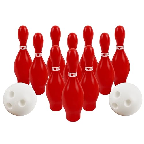 4E's Novelty Valentines Day Bowling Game Set - 10 Red Pins, 2 Balls, Indoor/Outdoor Backyard Carnival Game, Classroom Valentine's Party Games Galentines Activity for Kids Adults
