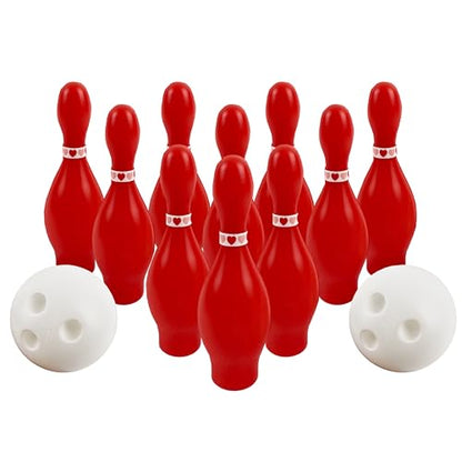 4E's Novelty Valentines Day Bowling Game Set - 10 Red Pins, 2 Balls, Indoor/Outdoor Backyard Carnival Game, Classroom Valentine's Party Games Galentines Activity for Kids Adults