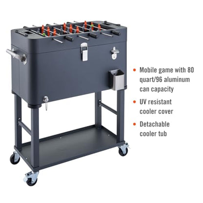 TRINITY 80 Quart Beverage Cooler and Ice Chest with Foosball Table Top and Bottle Opener, Rolling Cart with Storage Shelf, Detachable Tub Design, 96 Can Capacity, Includes Protective Cover - color: Charcoal Gray