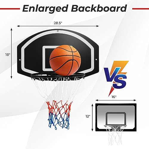 Goplus Wall Mount Basketball Hoop, 28.5’’ x 18’’ Large Backboard with 17’’ Rim, Shatter-Proof Backboard, All-Weather Net, Door Wall Mounted Indoor Outdoor Basketball Playset for Backyard