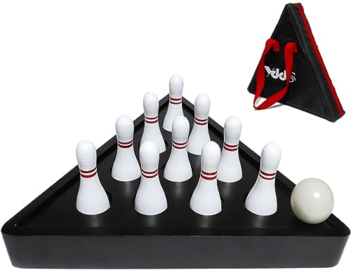 Shuffleboard Bowling Pin Set with 10 Pcs Premium Hardwood Bowling Pins Durabel Triangular Pinsetter Resin Bowling Ball and Carrying Bag, Fun for Shuffleboard Games - color: White