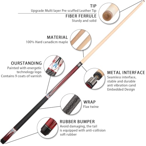 Pool Cue Stick - 58 inch Maple Billiard Pool Stick, 19/20/21 oz 1/2 Maple Pool Cue Stick Kit, 2-Piece Billiard Pool Cue Stick - color: Wine Red With Case(20 oz/12.5mm)