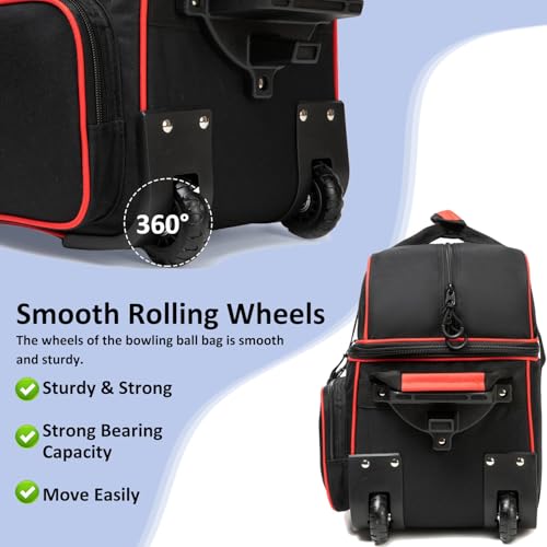 Bowling Bag with Wheels Double Roller 2 Ball Bowling Separate Shoe Compartment and Oversized Accessory Pocket, 36.6" Extendable Handle. - color: RED