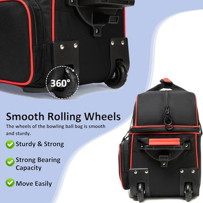 Bowling Bag with Wheels Double Roller 2 Ball Bowling Separate Shoe Compartment and Oversized Accessory Pocket, 36.6" Extendable Handle. - color: RED