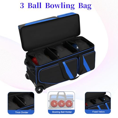 3 Ball Bowling Bags With Wheels,Bowling Bags 3 Ball Roller With Shoes Compartment And Multiple Pockets,3 Ball Bowling Bag has Retractable Handle Extends to 41.5 in - color: blue