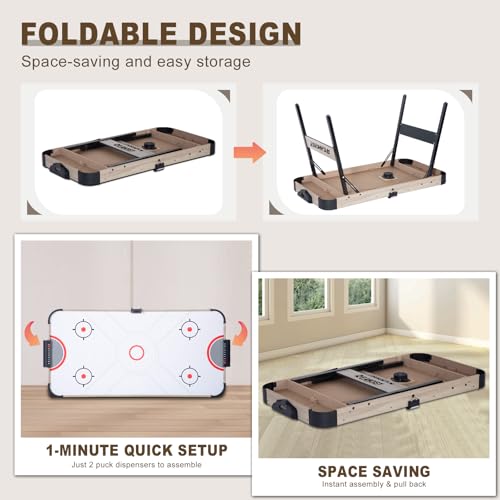 58 Inch Foldable Air Hockey Table, LED Folding Hockey Table Game Set w/2 Pucks, 2 Pushers, Powerful Motor, Hockey Table Gaming Set for Adults and Kids, Home Game Room