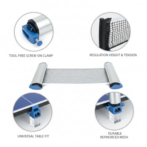 Table Tennis Net and Post Set, Durable Nylon Mesh Replacement Kit with Screw-On Clamps for Standard 9ft Tables