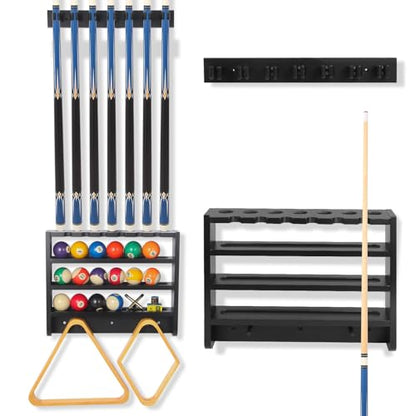 Pool Stick Holder - 7 Pool Cue Rack Wall Mount With Cue Rest and Ball holder, Wooden Pool Table Accessories Equipment Organizer, Billiard Cue Racks for Game Room Men Cave- Black - color: Black