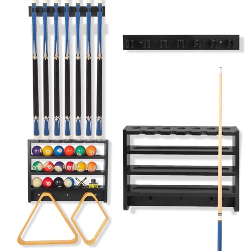 Pool Stick Holder - 7 Pool Cue Rack Wall Mount With Cue Rest and Ball holder, Wooden Pool Table Accessories Equipment Organizer, Billiard Cue Racks for Game Room Men Cave- Black - color: Black