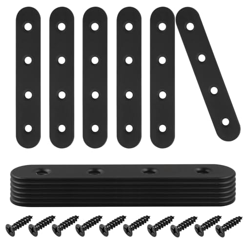 12 Pcs 4 Inch Straight Bracket, Stainless Steel Flat Mending Brace, Black Connector Plate with Mounting Screws & Screwdriver for Furniture Repair, Fixing - size: Black, 4" x 0.69"