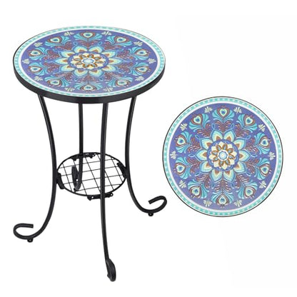 VCUTEKA Outdoor Side Table Mosaic Patio Table Accent Tables Mosaic Tile Top Metal Frame Small End Tables Porch Beach Patio Garden Balcony Peacock Feather 14'' - color: Peacock Feathers