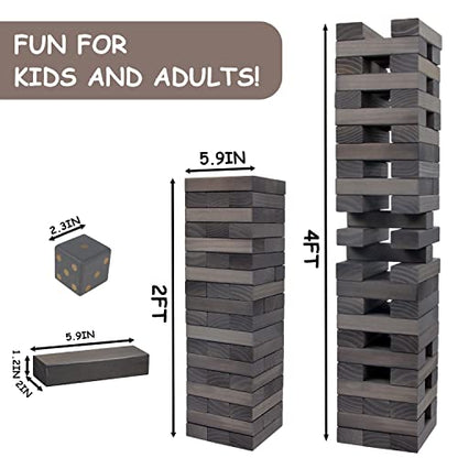 Juegoal 54 Pieces Giant Tumble Tower Blocks Game Giant Wood Stacking Game with 1 Dice Set, Gameboard, Canvas Bag for Adult, Kids, Family, Grey - color: Grey, size: Large