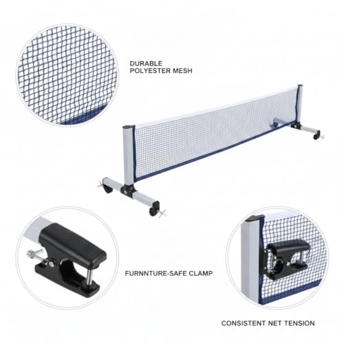 Retractable Table Tennis Net and Post Set, Clamp-On Portable Ping Pong Net for Dining Tables, Polyester Mesh