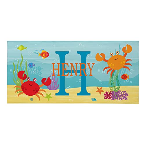 Let's Make Memories Personalized Kids Beach Towel - Custom Monogram & Name with Fun Beach Designs - Soft Cotton/Poly Blend - 60"x30" - Name and Initial Monogram - Standard Size - Crab - color: Name + Initial - Crab, size: Standard