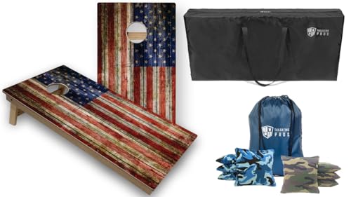 Tournament Grade Tailgating Pros American Flag Wooden Plank Design Cornhole Board Set w/Bean Bags and Carrying Case - 4'x2' Corn Hole Toss Game w/Built in Lights - color: Blue Camo / Green Camo