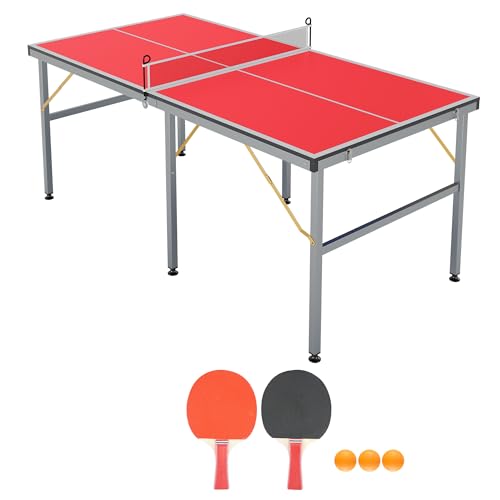 GarveeLife Professional Outdoor Table Tennis Tables,6x3FT Indoor/Outdoor Portable Ping Pong Table Game with Net for Adults/Teens,2 Table Tennis Paddles and 3 Balls - color: Red