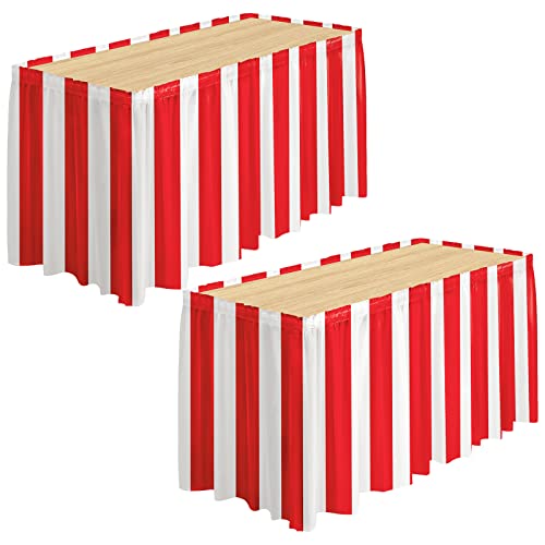 durony 2 Packs Red and White Striped Table Skirt Circus Theme Party Supplies Carnival Table Skirt for Carnival Home Party Decoration, 165 x 30 Inches