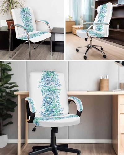 Spring Plants Office Chair Cover with Armrest Covers, Green Eucalyptus Leaves Universal Stretch Desk Rotating Chair Slipcovers, Removable Seat Protector with Zipper, M - color: Emerald Green White, size: Medium & 2PCS Armrest Covers