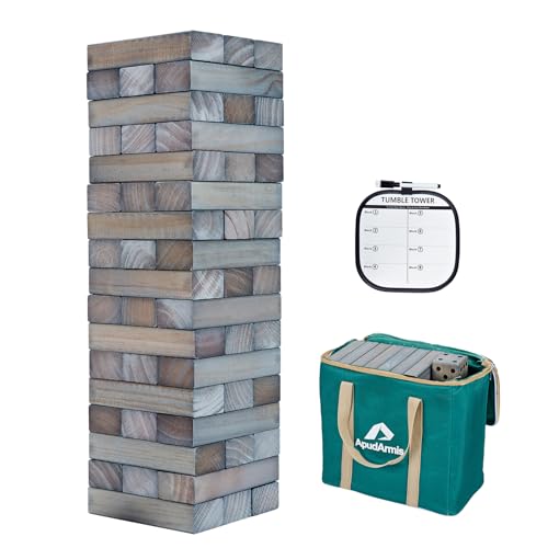 ApudArmis Giant Tumble Tower Stack to Over 5Ft, 56 PCS Pine Wooden Stacking Timber Game with 1 Dice Set - Classic Block Giant Outdoor Game (7.48 * 2.48 * 1.5 in Each Block, Gray) - color: Gray, size: XL-Over 5FT