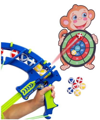 Crossbow & Ball Target Game - Fun Kids Dart Board for Indoor Play Includes 6 Hook & Loop Sticky Balls and Monkey Target for Boys and Girls 6-12 - Sticky Ball Dartboard - Dart Game