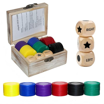 Left Right Roll Dice Game Set - 3 Wooden Dice & 72 Chips in Wooden Box | Portable Travel Party Game for Family, Friends, Adults (Rustic Brown)