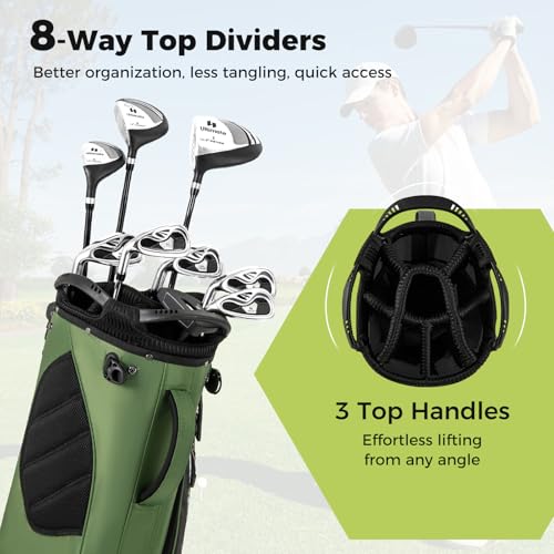 ULTIMATE Golf Stand Bag, 8-Way Golf Bag with 5 Pockets, Rain Hood, Detachable Dual Shoulder Strap, Lumbar Pad, Handles, Portable Golf Club Bag for Men & Women - color: Green