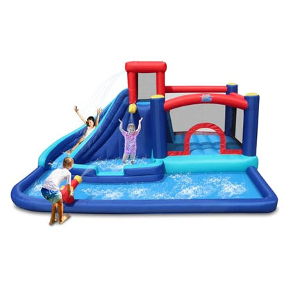 Action Air Inflatable Water Slide for Kids, Backyard Water Park with Big Bouncy Area, Splash Pool, Long Slide, Water Cannon & Sprinkler, 193x138x91 Inch Outdoor Bouncy Castle for Summer Party Fun - color: All in One Bounce Park