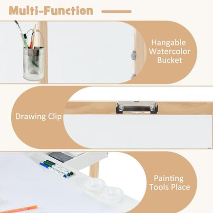 INFANS 3 in 1 Kids Art Table and Chair Set, Toddler Craft and Play Wood Activity Desk with Double-Sided Easel Blackboard Whiteboard, Paper Roll for Writing, Children Furniture for Daycare Nursery - style: Natural