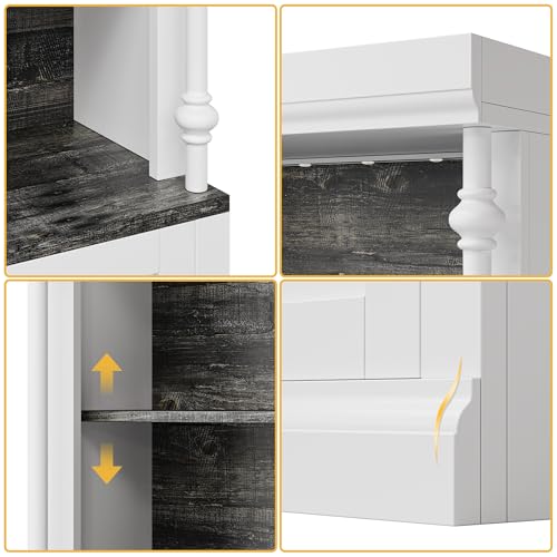 GarveeHome Tall Storage Bookcase with 3-Tier Open Shelves and Double Door, Roman Column Design and 4 Adjustable Lights, White & Black Wood Grain Display Storage Cabinet for Home Office, Living Room