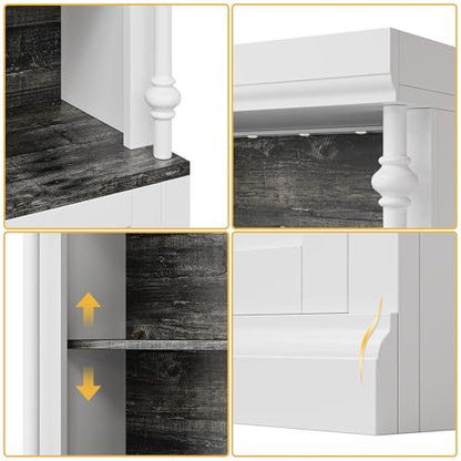 GarveeHome Tall Storage Bookcase with 3-Tier Open Shelves and Double Door, Roman Column Design and 4 Adjustable Lights, White & Black Wood Grain Display Storage Cabinet for Home Office, Living Room