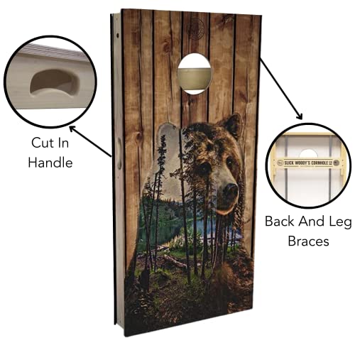 Slick Woody's Professional-Grade Cornhole Boards - 4'x2' Solid Wood Regulation Woodgrain Flag Bean Bag Toss Game with 8 Resin Filled Bags - color: Bear Mountain