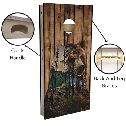 Slick Woody's Professional-Grade Cornhole Boards - 4'x2' Solid Wood Regulation Woodgrain Flag Bean Bag Toss Game with 8 Resin Filled Bags - color: Bear Mountain