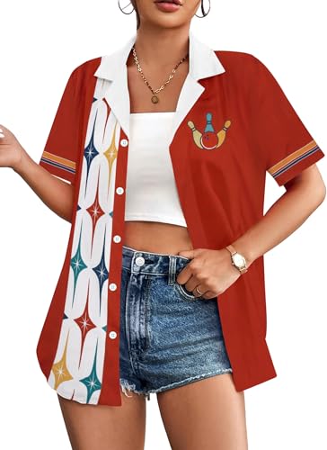 Bowling Shirts Women Hawaiian Bowling Shirt Bowling Lover Gift Tops Bowler Button Down Short Sleeve Tee - color: Red, size: XX-Large