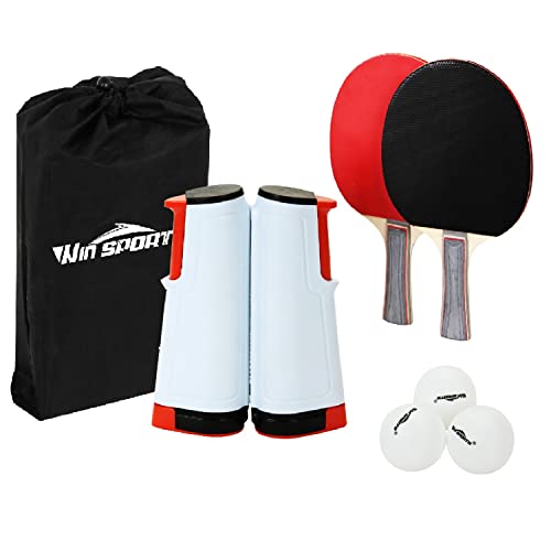Ping Pong Net Table Tennis - Win SPORTS Paddle Set with Retractable Net,Play Anywhere Ping Pong Net for Any Table,2 Table Tennis Paddle& Rackets,3 Balls,Storage Case,Set with Retractable Table Tennis Net