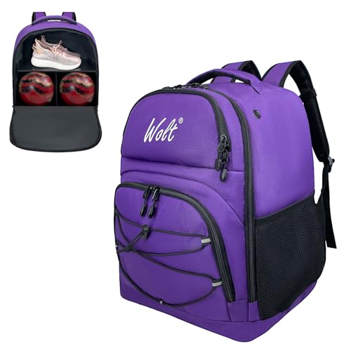WOLT Bowling Ball Bag,2 Ball Bowling Backpack with Protective Foam Padded & Shoe Compartment Fits Up to Mens Size 16 - color: Purple