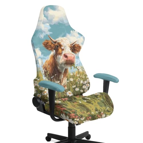 Office Chair Cover with Armrest Covers, Dustproof Gaming Armchair Seat Protector Machine Washable Universal Stretch Slipcover for Home Desk Chair, Cow Daisy Blue Sky Print - color: Cow Daisy Blue Sky Print
