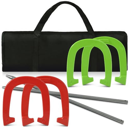 Horseshoes Outside Game - Steel Horseshoe Set - Yard Game Kit with 4 Heavy Duty Horseshoes, 2 Solid 24" Stakes & Carrying Bag - Classic Lawn Games for Adults, Backyard, Camping